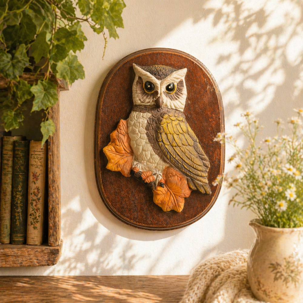 Vintage 1970s Owl Wall Plaque | 3D Resin Owl on Hardboard | MCM Autumn Kitsh